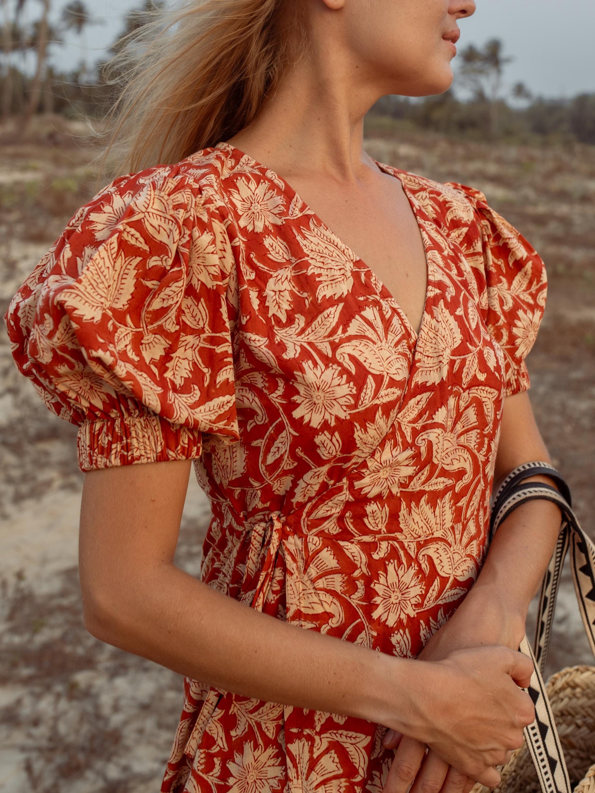 Earthy Red Hand Block Print Warp Dress, Long Maxi Dress, Summer Tiered Cotton Custom Dress, Boho Gypsy Midi Dress, Honeymoon Wedding Dress