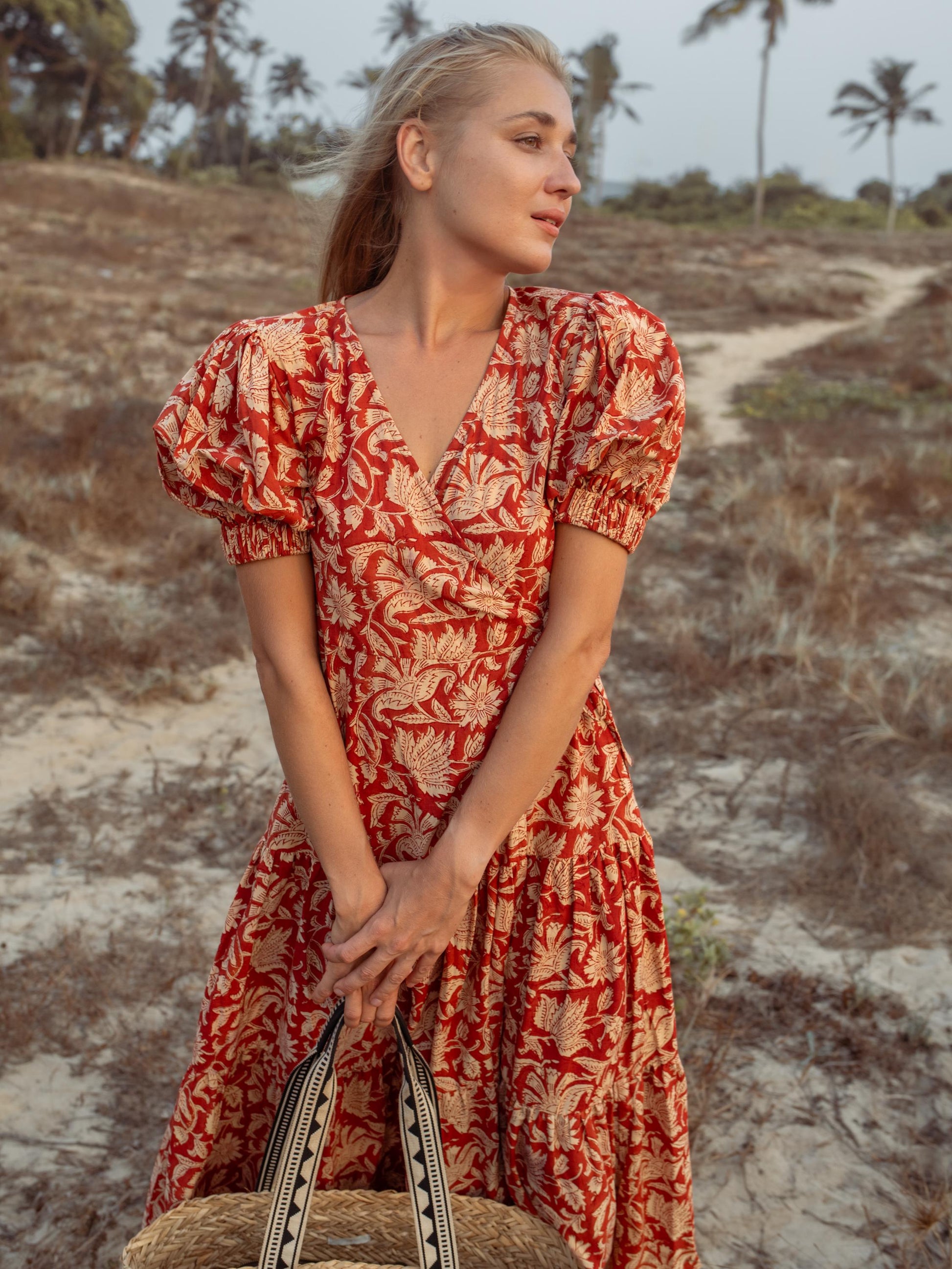 Earthy Red Hand Block Print Warp Dress, Long Maxi Dress, Summer Tiered Cotton Custom Dress, Boho Gypsy Midi Dress, Honeymoon Wedding Dress