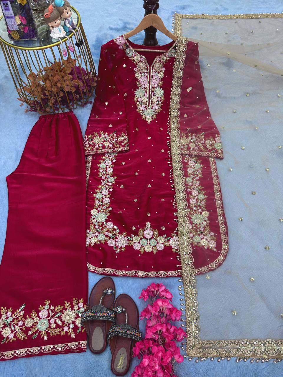 "Elegant Chinon Silk Kurti-Plazzo Set with Sequins & Zari Embroidery"