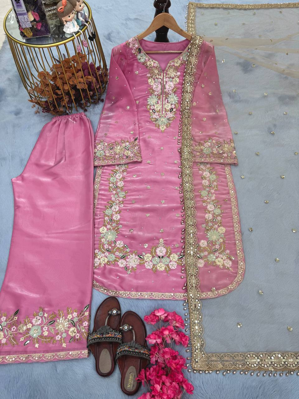 "Elegant Chinon Silk Kurti-Plazzo Set with Sequins & Zari Embroidery"