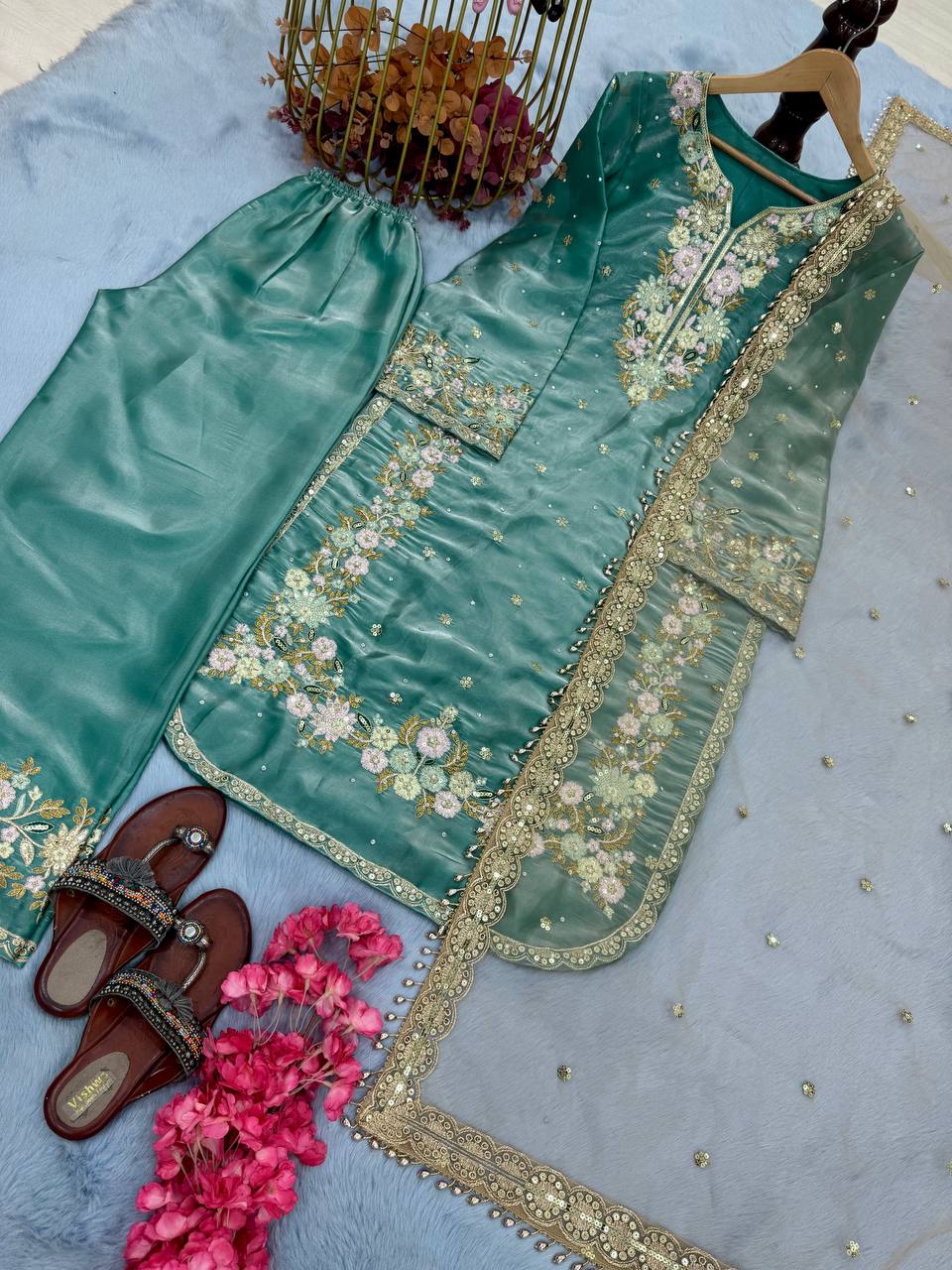 "Elegant Chinon Silk Kurti-Plazzo Set with Sequins & Zari Embroidery"