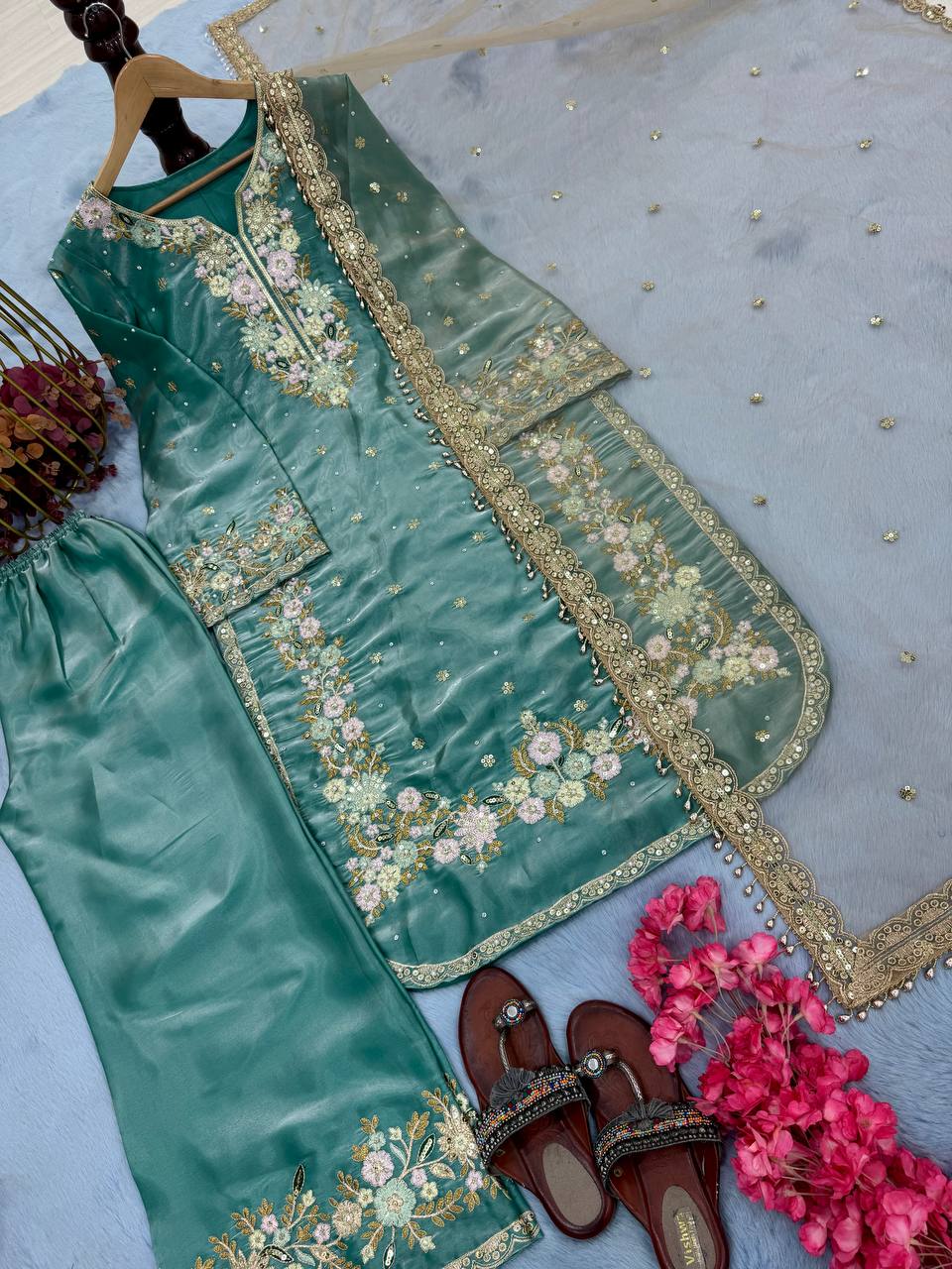 "Elegant Chinon Silk Kurti-Plazzo Set with Sequins & Zari Embroidery"