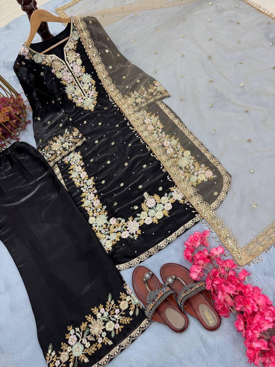 "Elegant Chinon Silk Kurti-Plazzo Set with Sequins & Zari Embroidery"