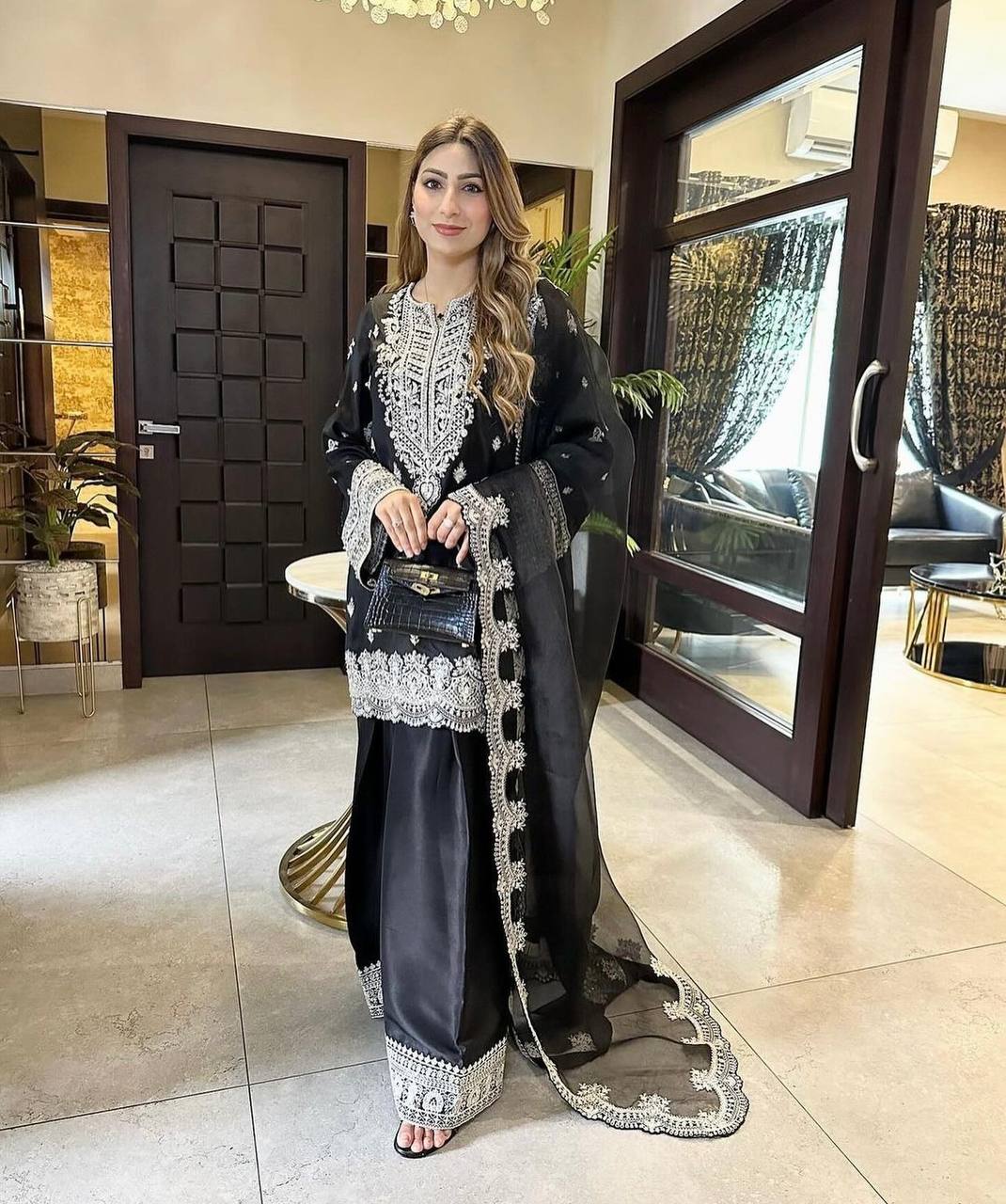 "Elegant Cinon Silk Embroidered Top, Plazzo & Dupatta Set"