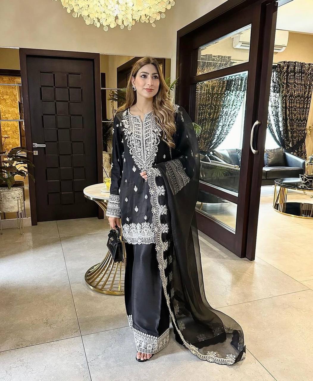 "Elegant Cinon Silk Embroidered Top, Plazzo & Dupatta Set"