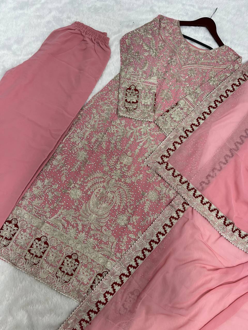 Presenting New Collection In Heavy Georgette Top-Plazzo And Dupatta Set Fully Stitched Ready To Wear