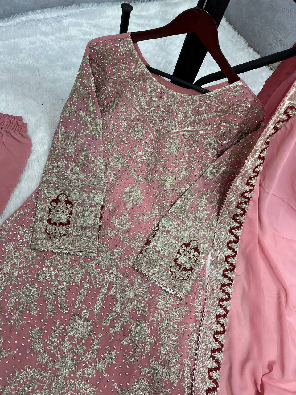 Presenting New Collection In Heavy Georgette Top-Plazzo And Dupatta Set Fully Stitched Ready To Wear