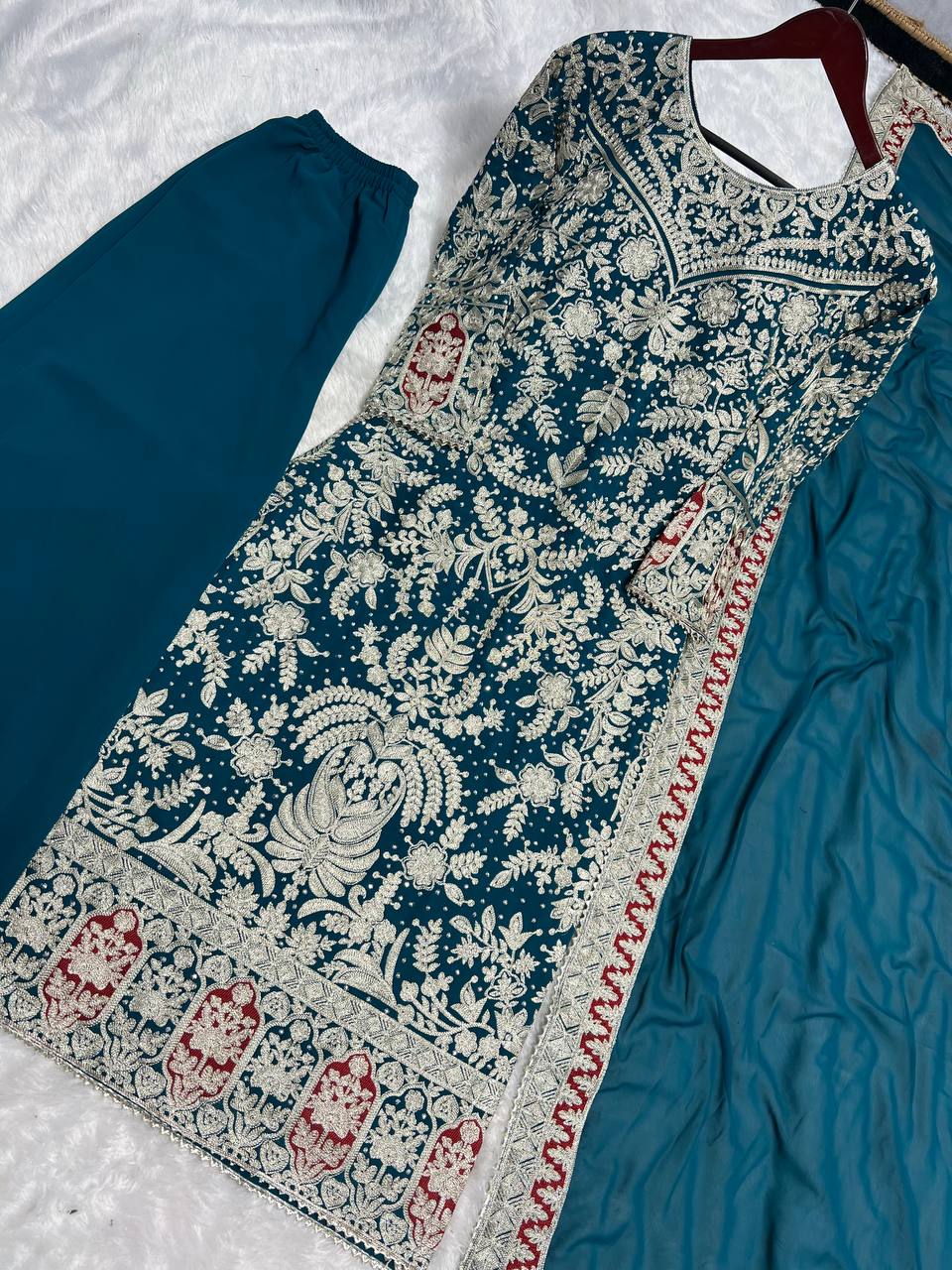 Presenting New Collection In Heavy Georgette Top-Plazzo And Dupatta Set Fully Stitched Ready To Wear