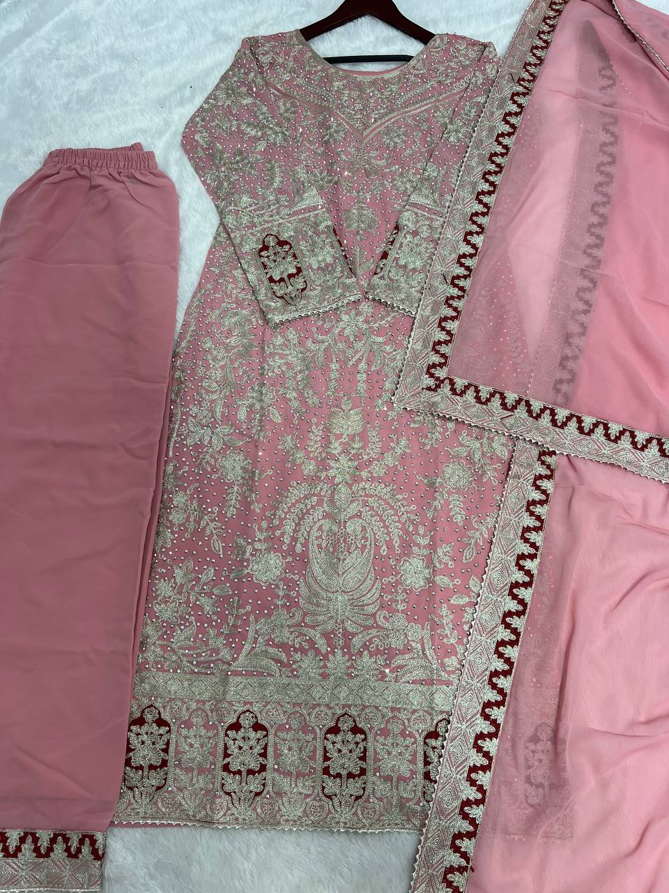 Presenting New Collection In Heavy Georgette Top-Plazzo And Dupatta Set Fully Stitched Ready To Wear