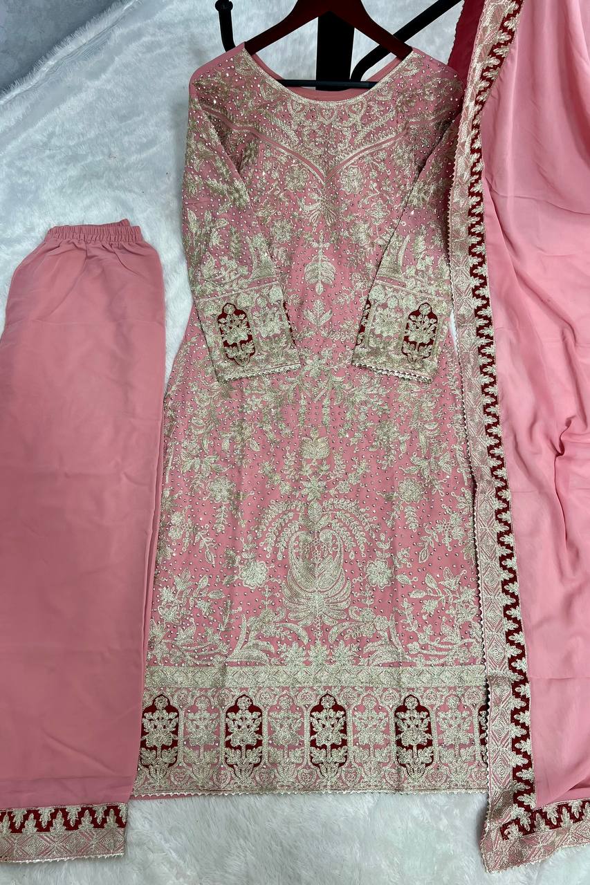 Presenting New Collection In Heavy Georgette Top-Plazzo And Dupatta Set Fully Stitched Ready To Wear