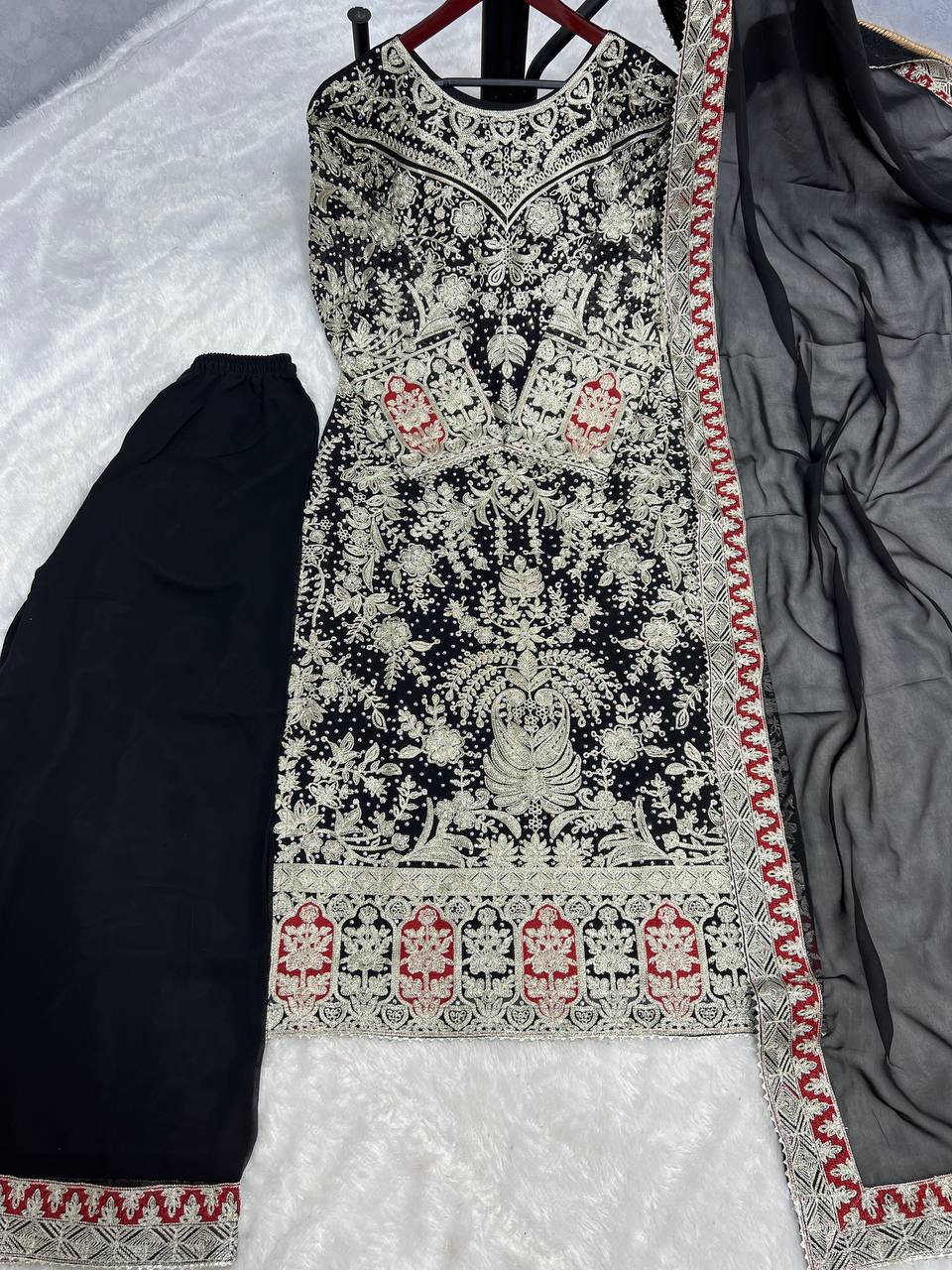 Presenting New Collection In Heavy Georgette Top-Plazzo And Dupatta Set Fully Stitched Ready To Wear