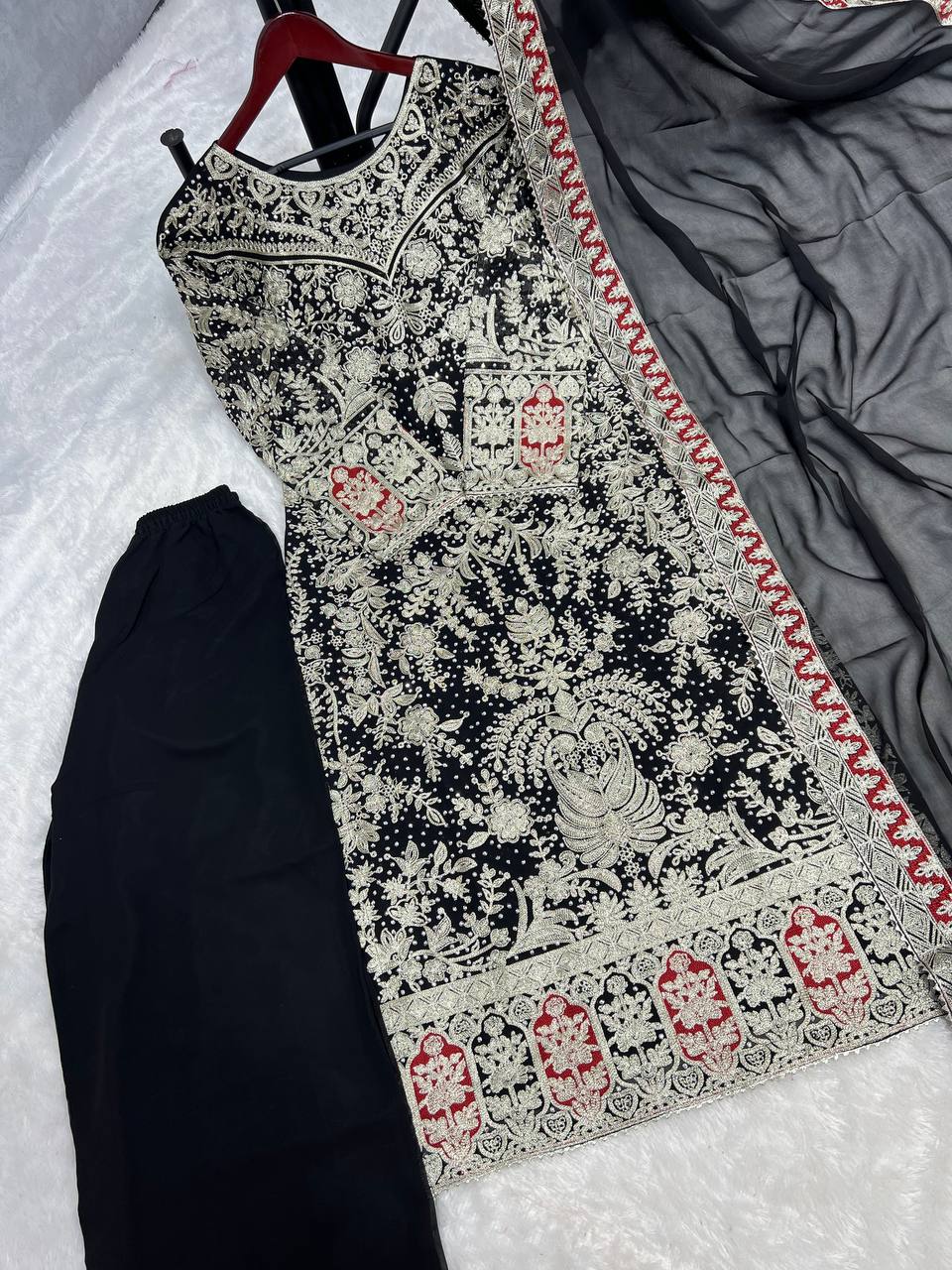 Presenting New Collection In Heavy Georgette Top-Plazzo And Dupatta Set Fully Stitched Ready To Wear