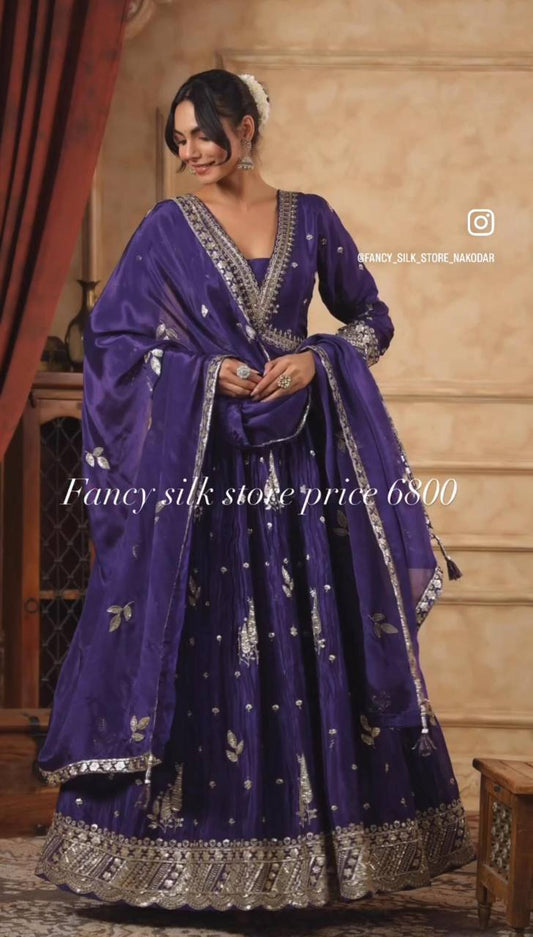 "Elegant Gwon Set: Pure Cinon Silk with Heavy Embroidery, Fully Stitched & Ready to Wear"