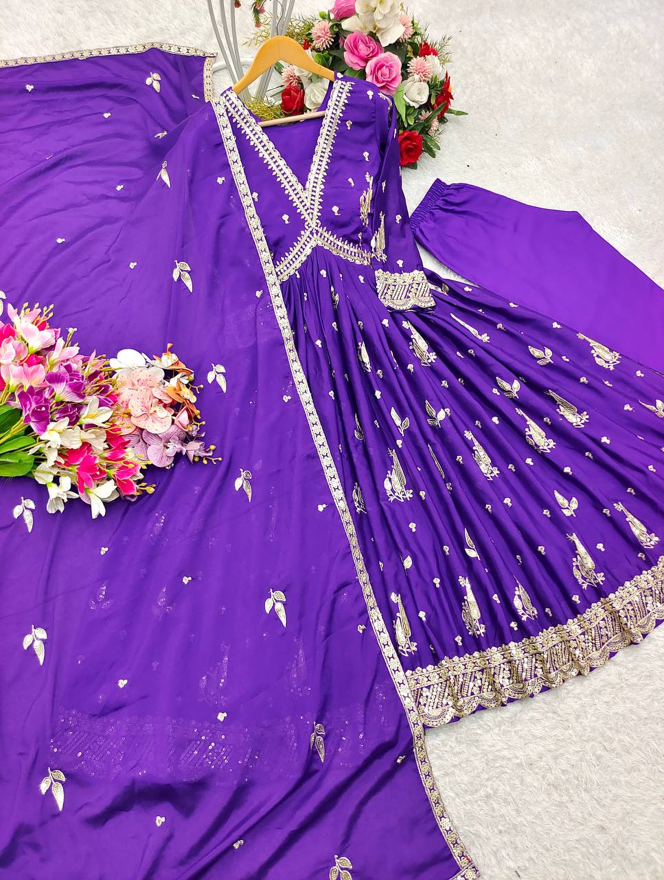 "Elegant Gwon Set: Pure Cinon Silk with Heavy Embroidery, Fully Stitched & Ready to Wear"