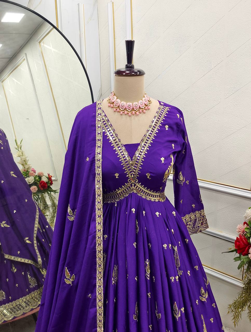 "Elegant Gwon Set: Pure Cinon Silk with Heavy Embroidery, Fully Stitched & Ready to Wear"