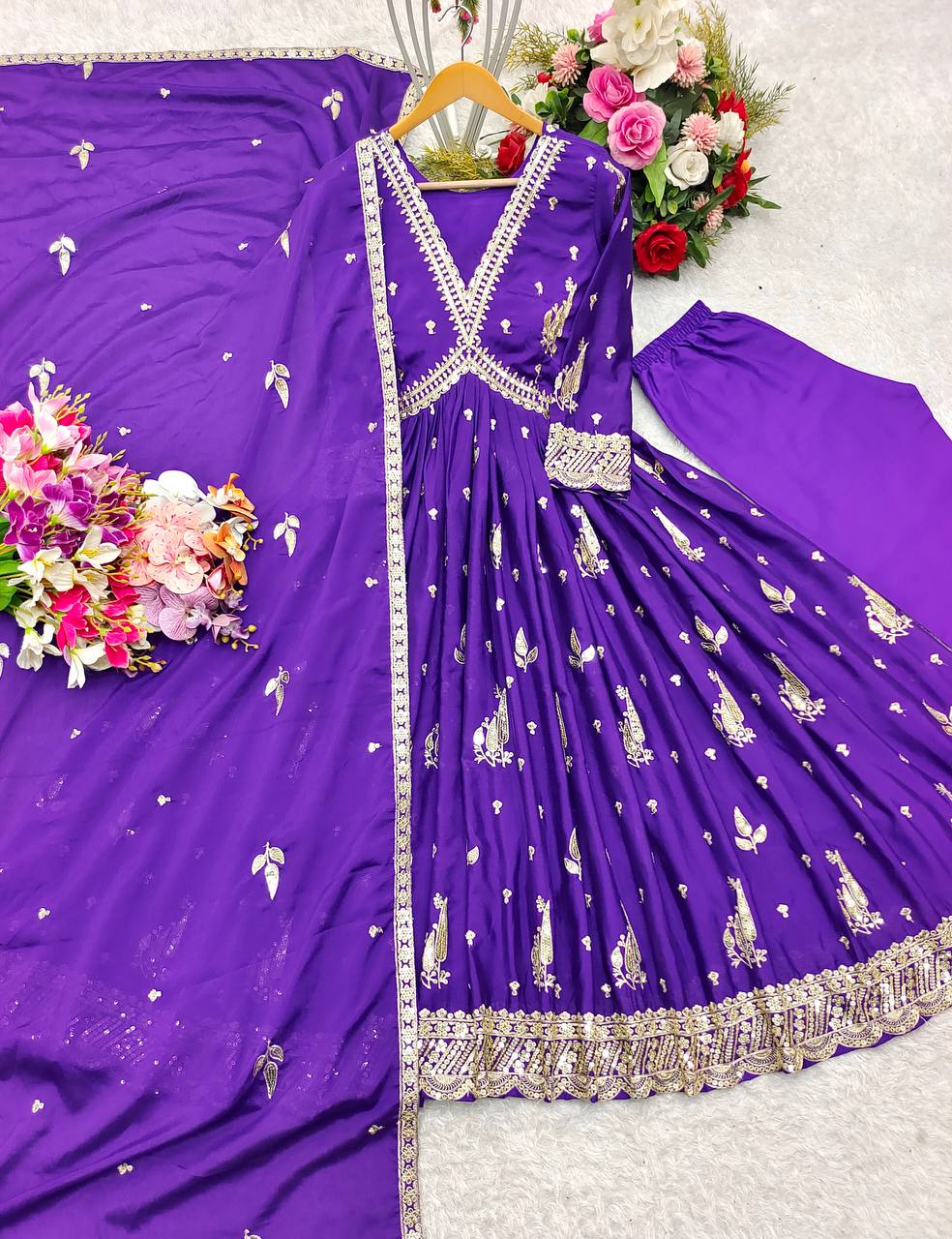 "Elegant Gwon Set: Pure Cinon Silk with Heavy Embroidery, Fully Stitched & Ready to Wear"