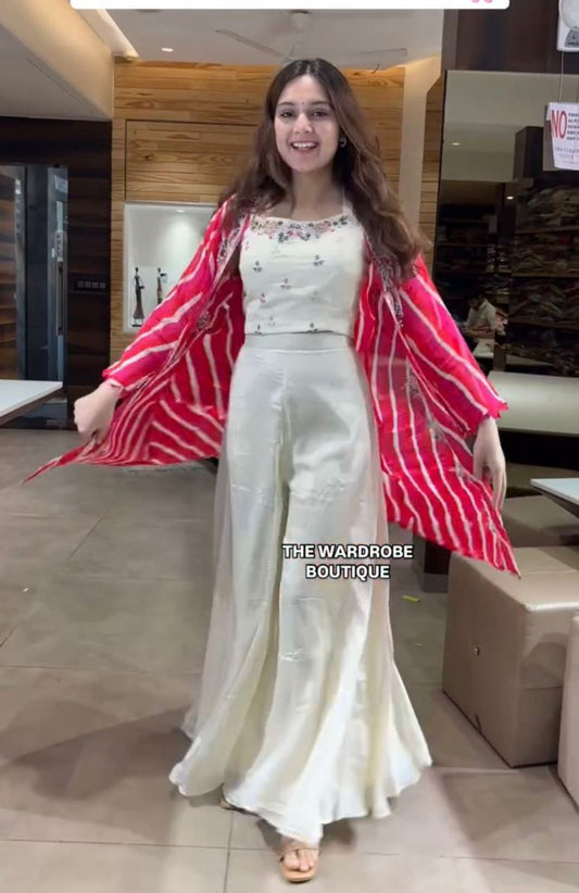 "Elegant Chinon Palazzo Set with Georgette Koti and Embroidered Blouse"