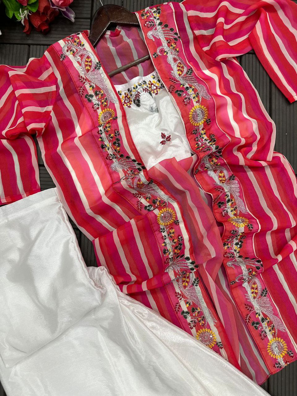 "Elegant Chinon Palazzo Set with Georgette Koti and Embroidered Blouse"