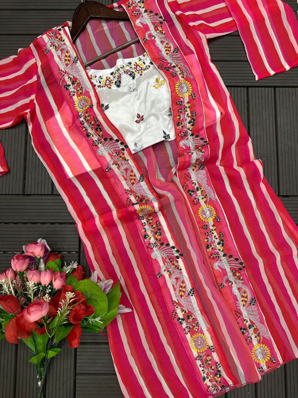 "Elegant Chinon Palazzo Set with Georgette Koti and Embroidered Blouse"