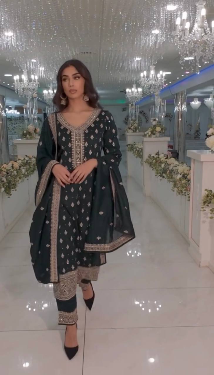 "Elegant Heavy Faux Georgette Embroidered Top, Pant, and Dupatta Set"