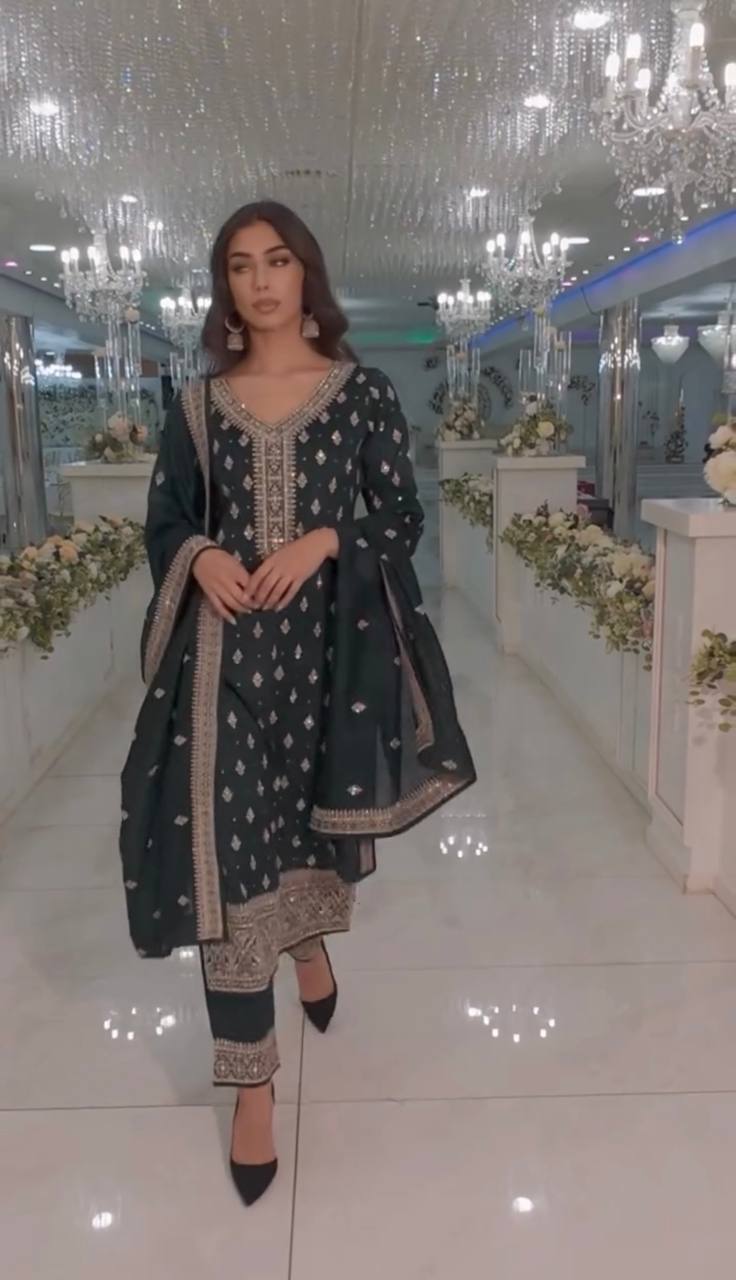 "Elegant Heavy Faux Georgette Embroidered Top, Pant, and Dupatta Set"