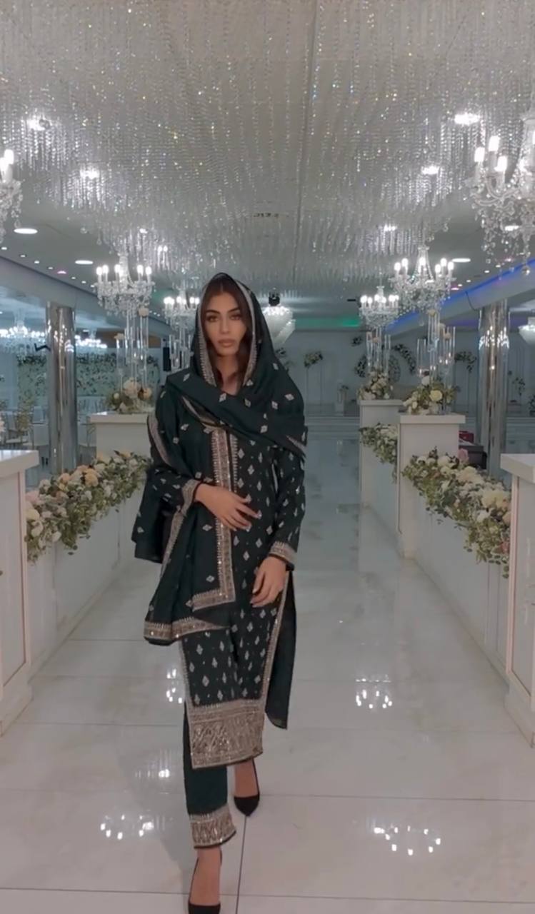 "Elegant Heavy Faux Georgette Embroidered Top, Pant, and Dupatta Set"