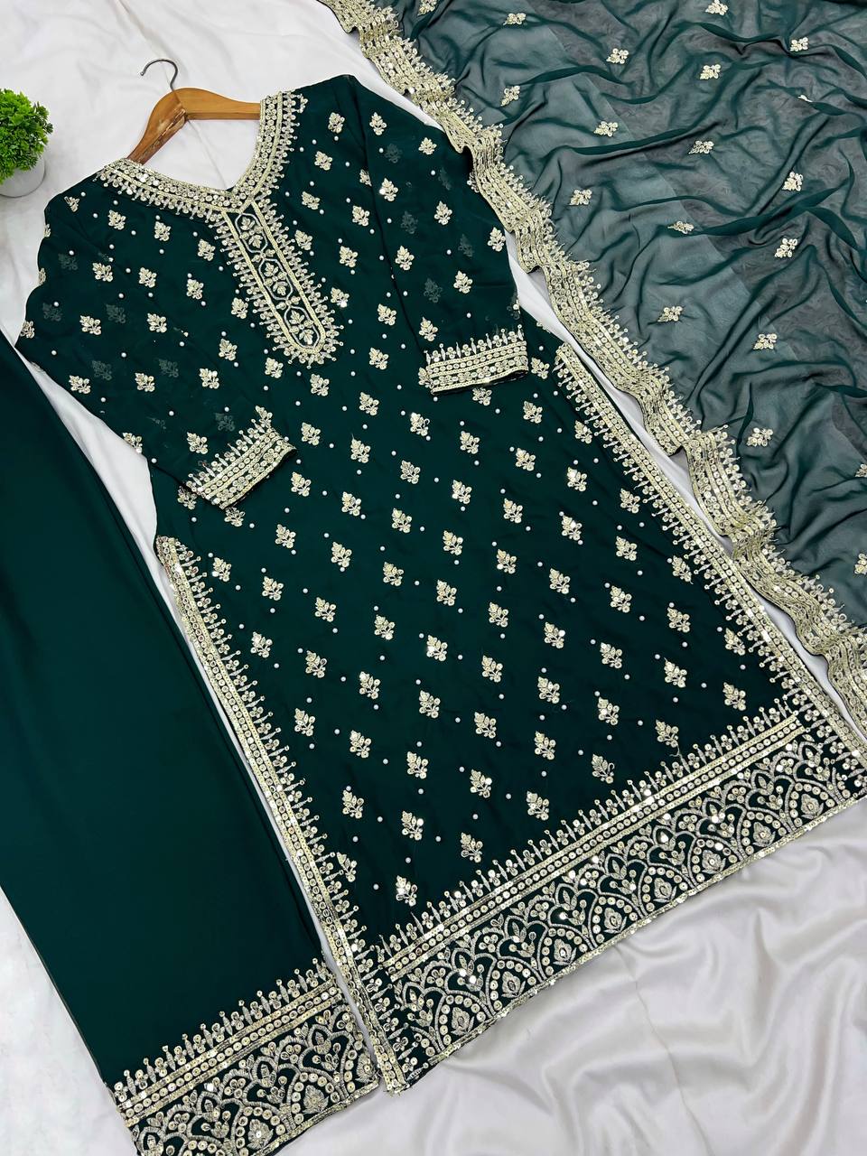 "Elegant Heavy Faux Georgette Embroidered Top, Pant, and Dupatta Set"