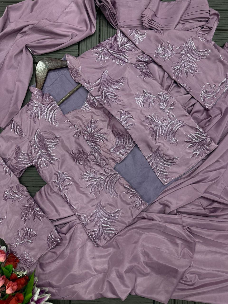 "Elegant Heavy Satin Saree with Embroidered Jacket and Blouse"