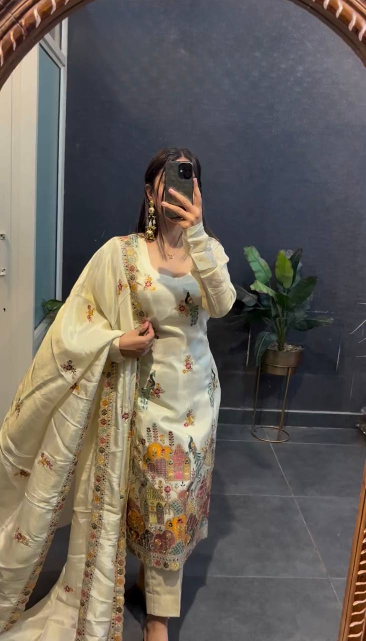 "Elegant Embroidered Chinnon Silk Ensemble"