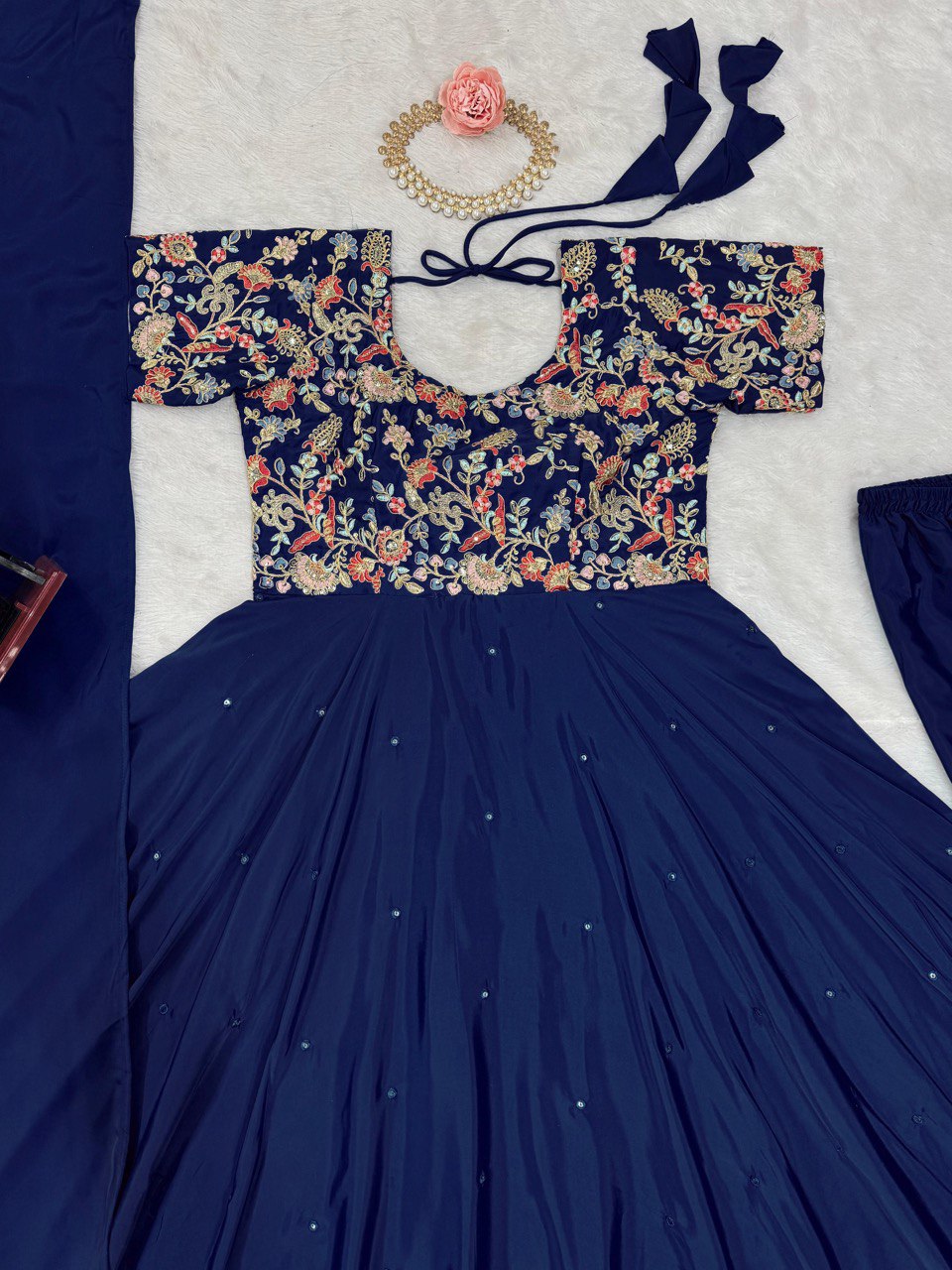 "Elegant Crepe Top, Pant, and Dupatta Set with Thread Work & Sequins"