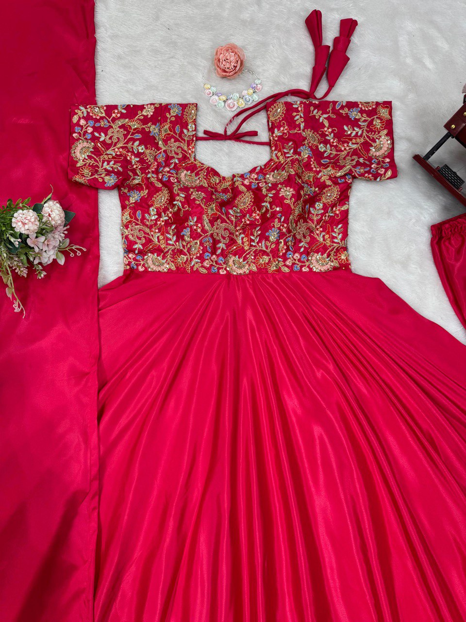 "Elegant Crepe Top, Pant, and Dupatta Set with Thread Work & Sequins"