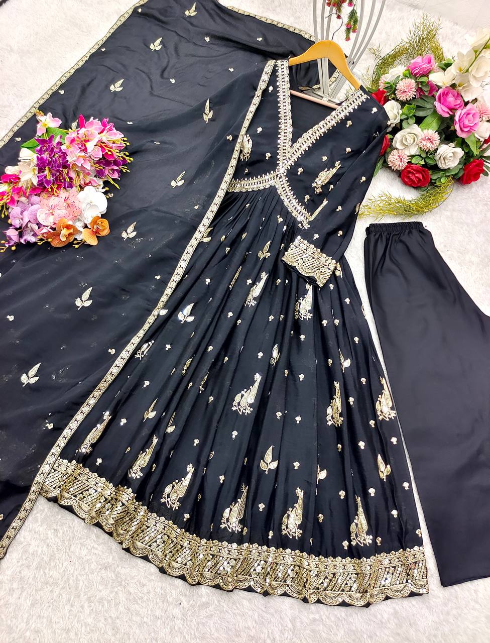 "Elegant Gwon Set: Pure Cinon Silk with Heavy Embroidery, Fully Stitched & Ready to Wear"