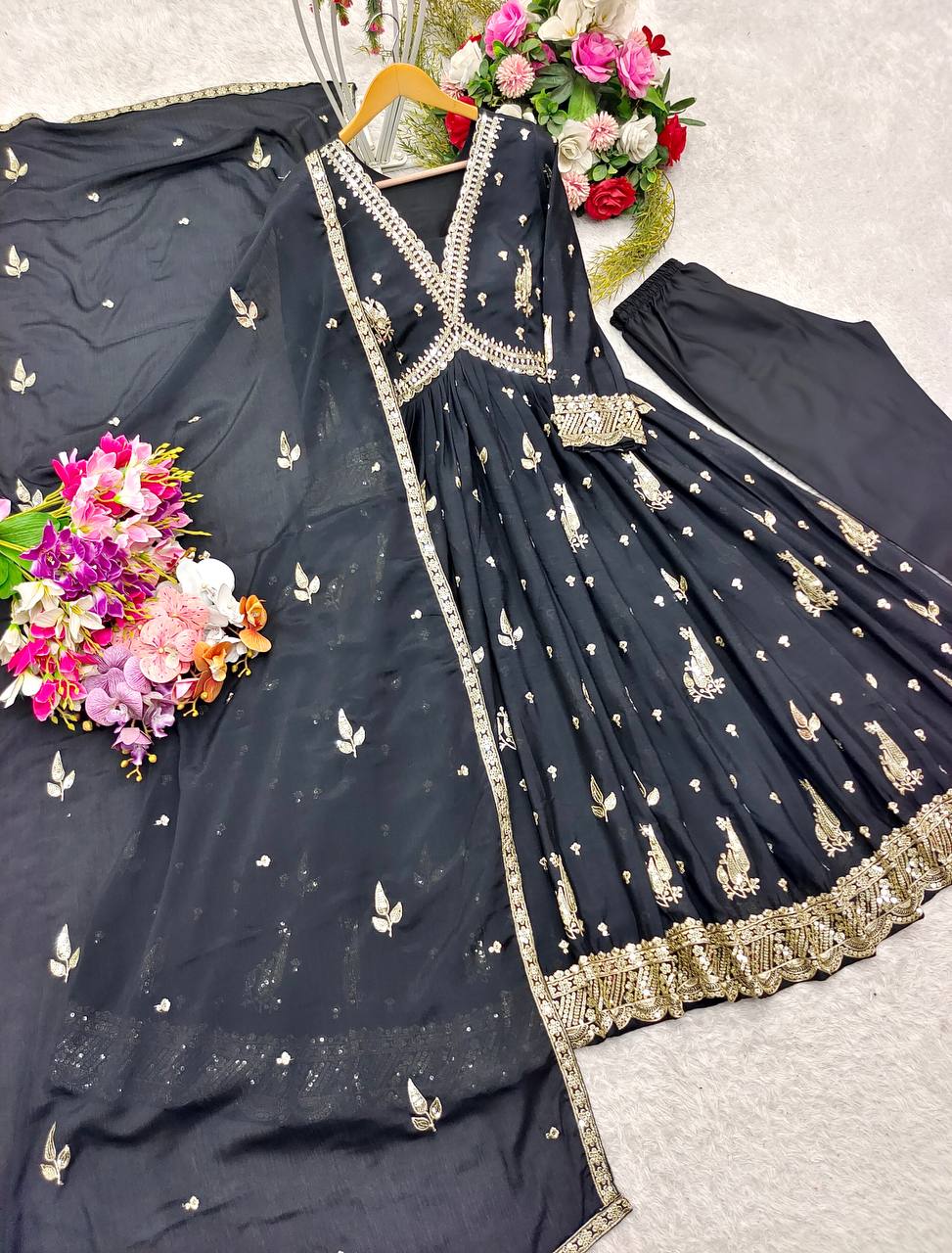 "Elegant Gwon Set: Pure Cinon Silk with Heavy Embroidery, Fully Stitched & Ready to Wear"
