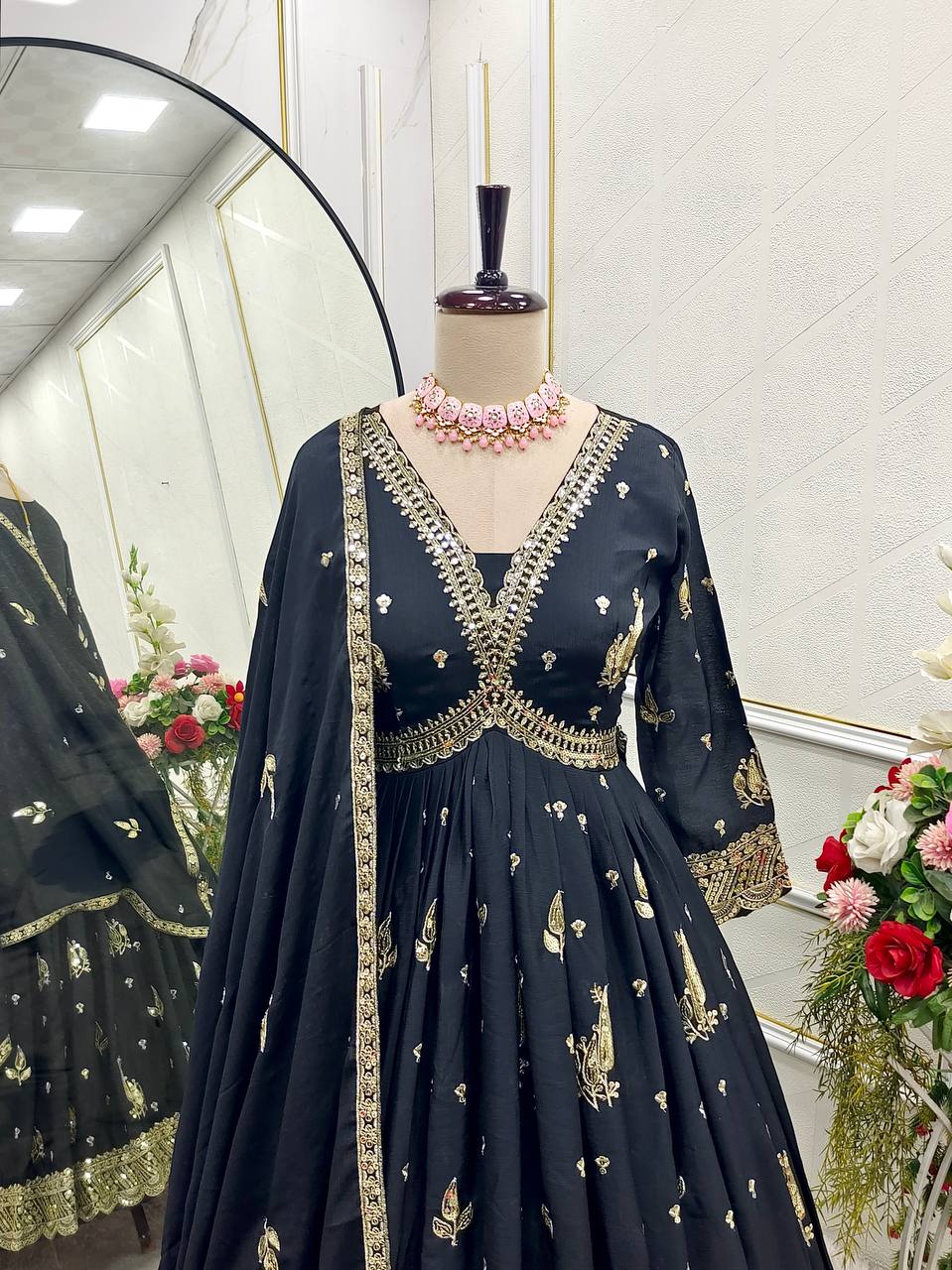 "Elegant Gwon Set: Pure Cinon Silk with Heavy Embroidery, Fully Stitched & Ready to Wear"