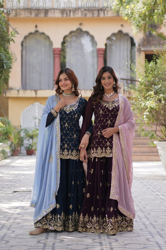"Elegant Faux Blooming Sequins Embroidered Kurti, Plazzo, and Dupatta Set"