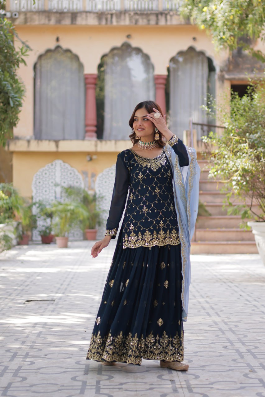 "Elegant Faux Blooming Sequins Embroidered Kurti, Plazzo, and Dupatta Set"