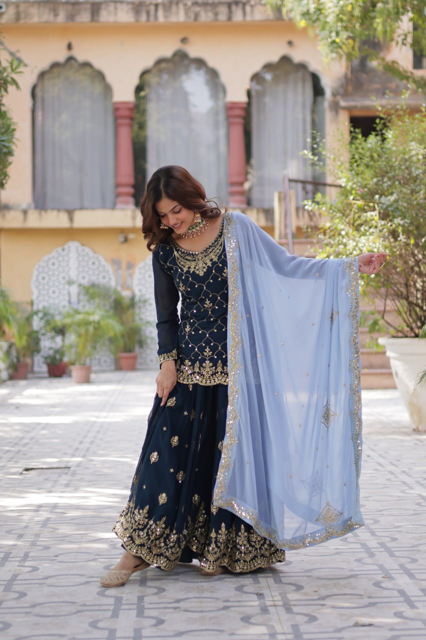 "Elegant Faux Blooming Sequins Embroidered Kurti, Plazzo, and Dupatta Set"