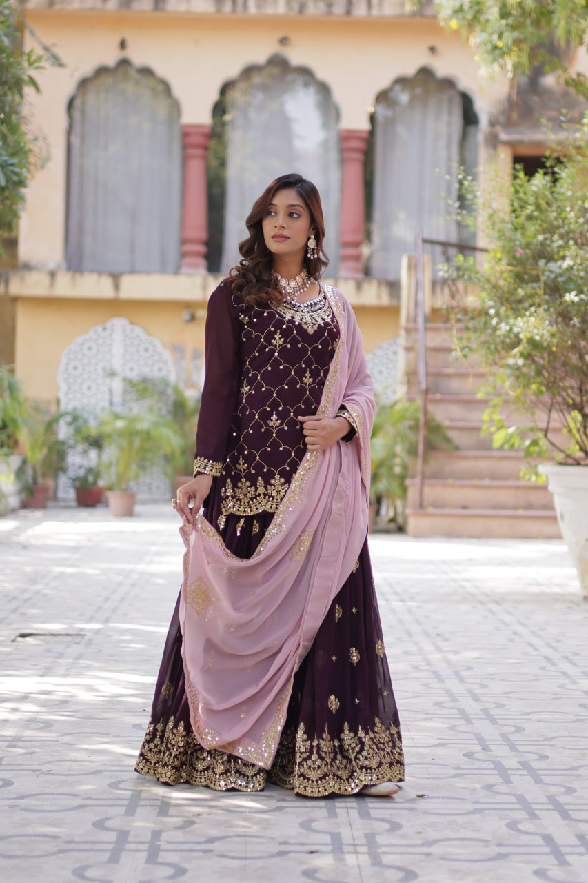 "Elegant Faux Blooming Sequins Embroidered Kurti, Plazzo, and Dupatta Set"