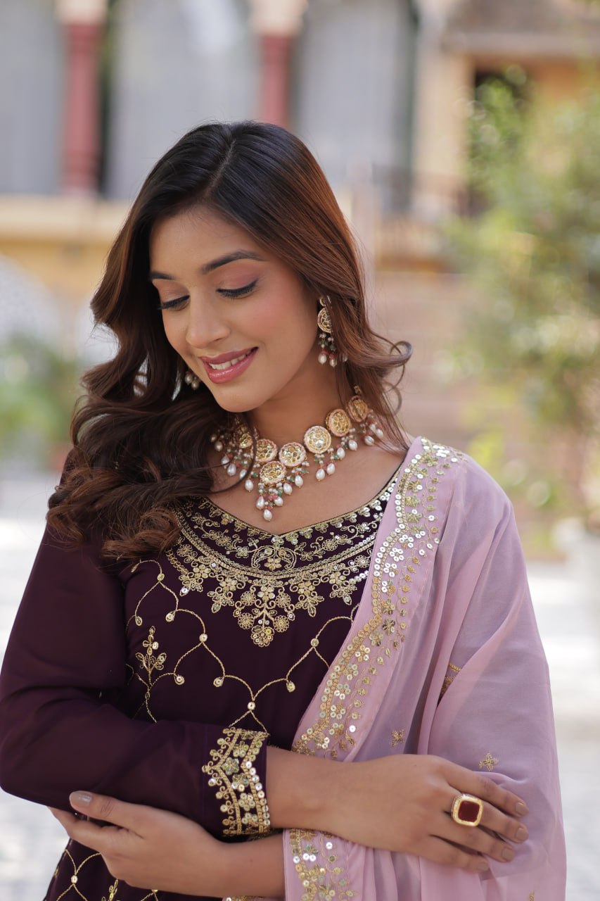 "Elegant Faux Blooming Sequins Embroidered Kurti, Plazzo, and Dupatta Set"