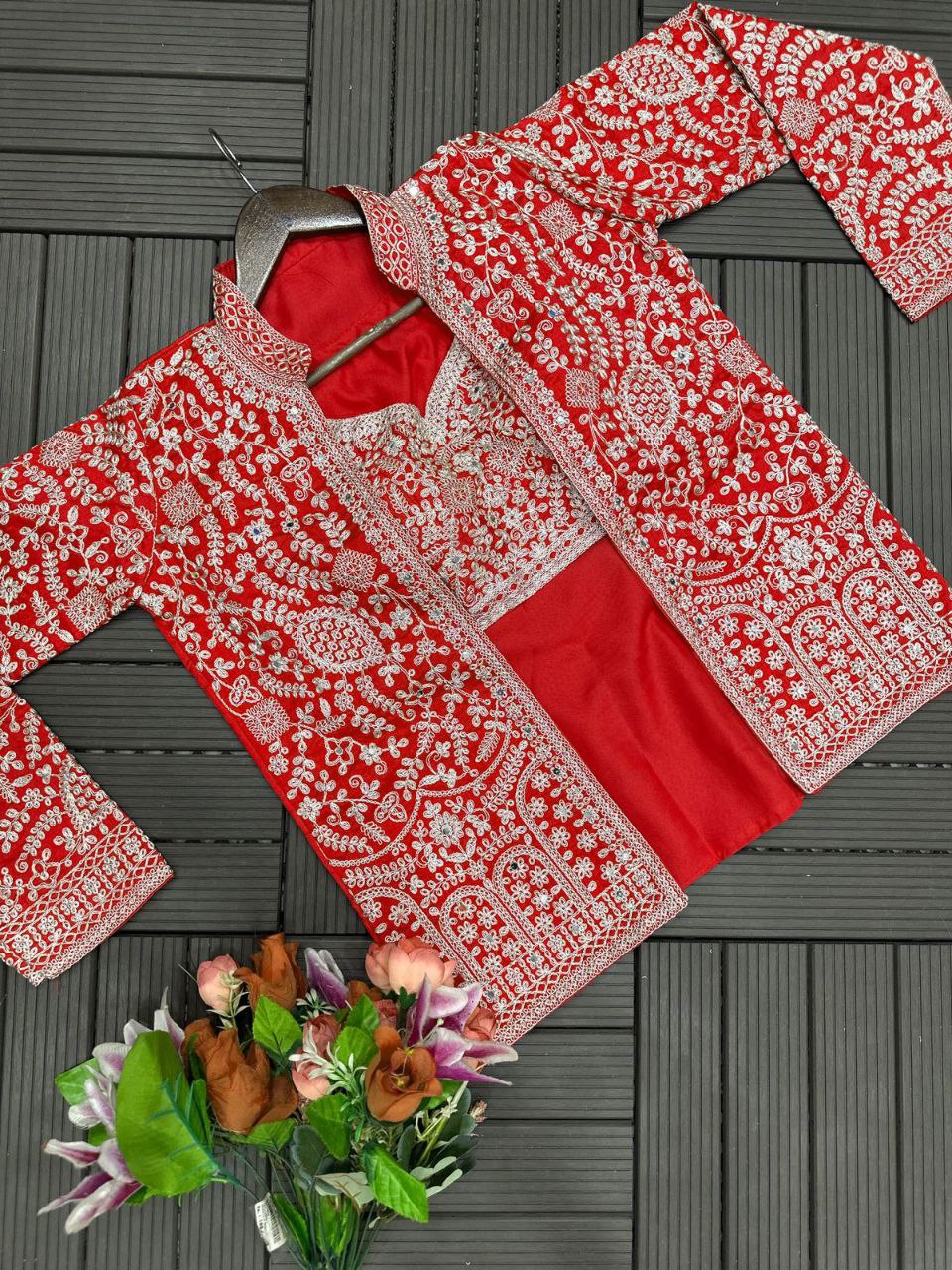 "Elegant Heavy Georgette Plazzo Set with Embroidered Blouse & Koti"