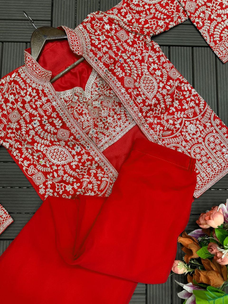 "Elegant Heavy Georgette Plazzo Set with Embroidered Blouse & Koti"