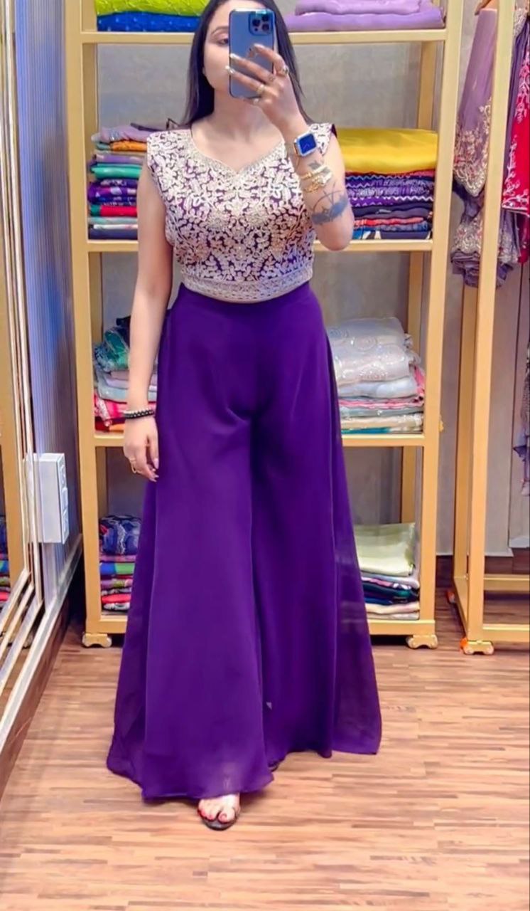 "Elegant Heavy Georgette Plazzo Set with Embroidered Blouse & Koti"