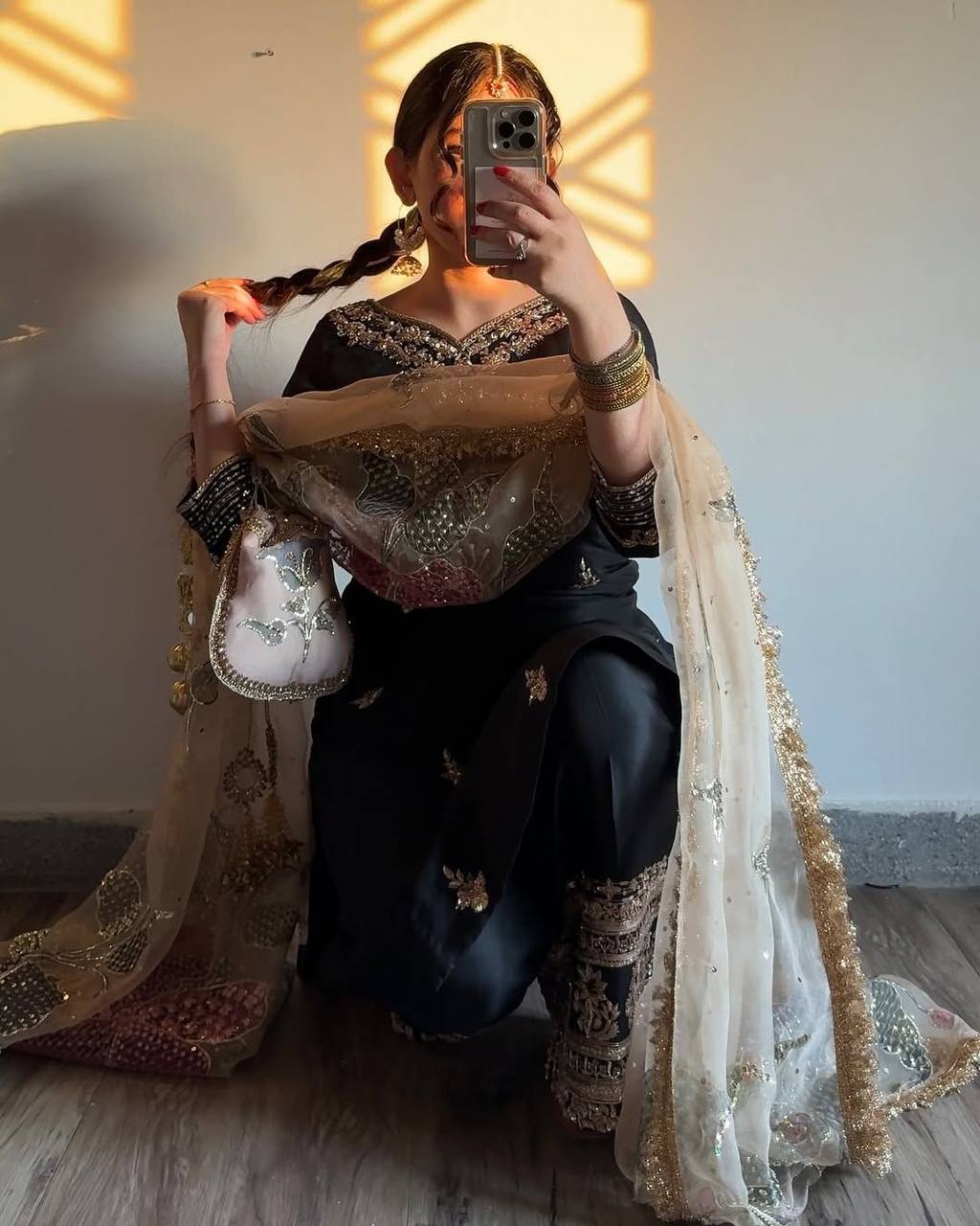 "Elegance in Chinon: Embroidered Sequence Suit with Organza Dupatta & Sequined Pant Border"