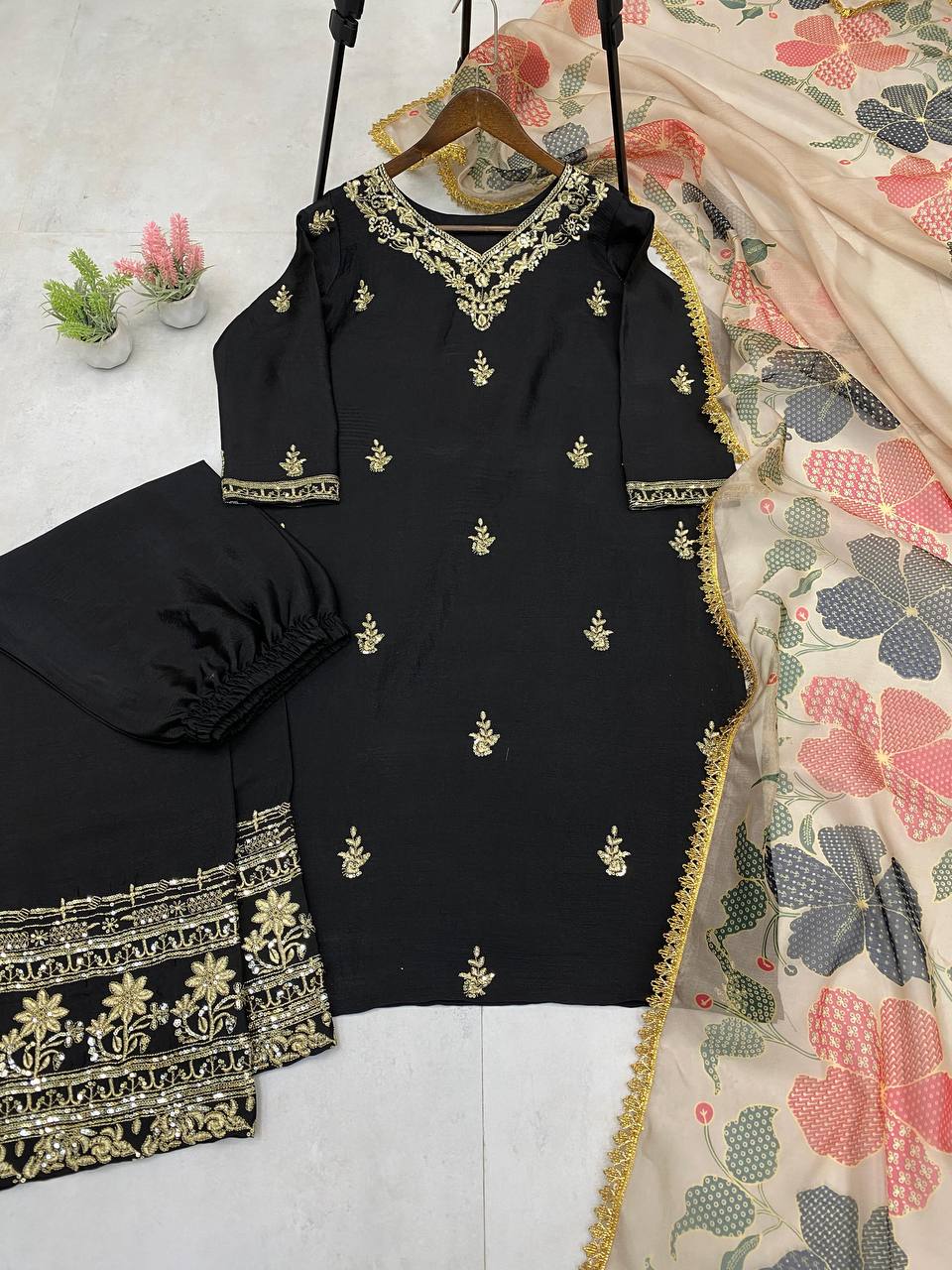 "Elegance in Chinon: Embroidered Sequence Suit with Organza Dupatta & Sequined Pant Border"