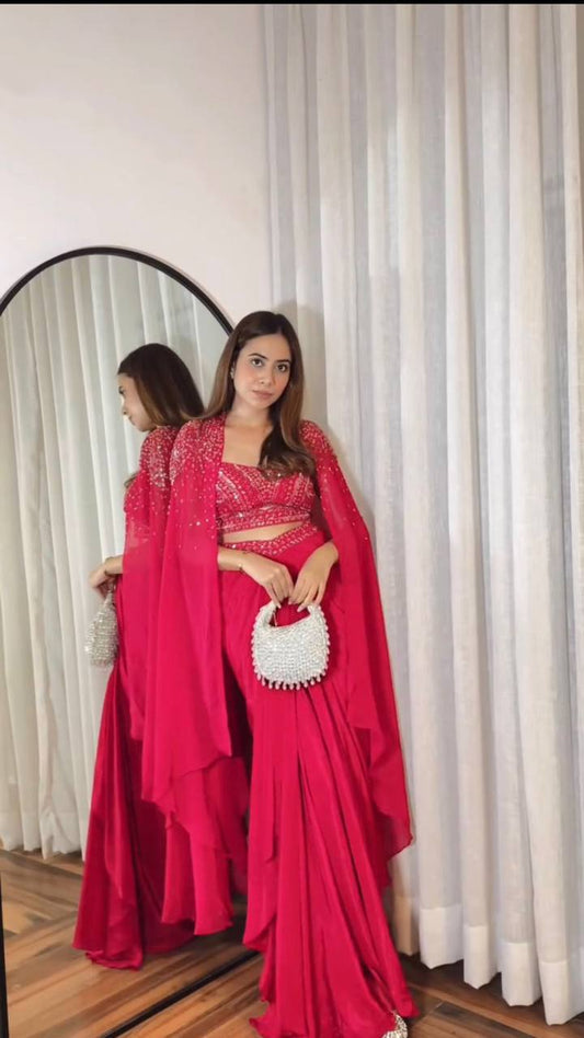 "Elegant French Silk Ensemble with Sequence Embroidery"