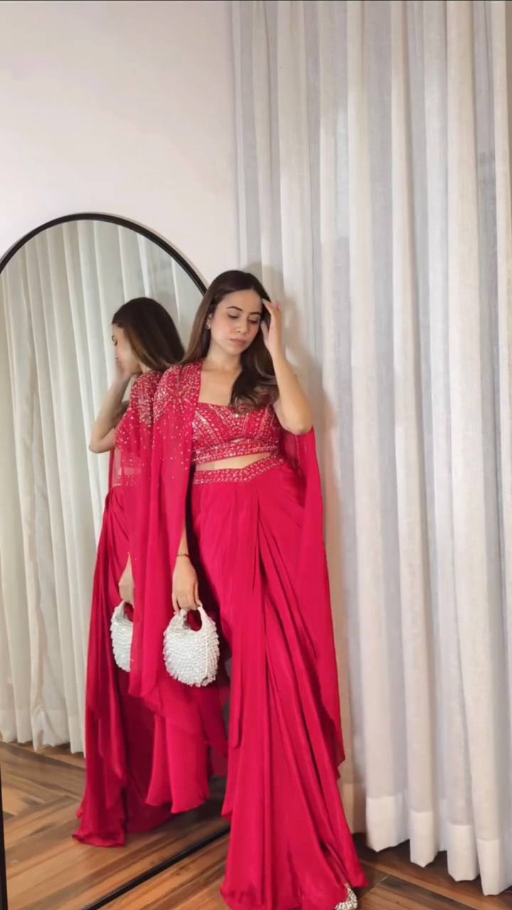 "Elegant French Silk Ensemble with Sequence Embroidery"