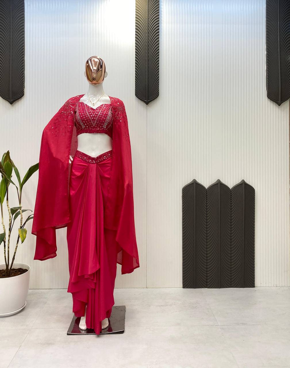 "Elegant French Silk Ensemble with Sequence Embroidery"