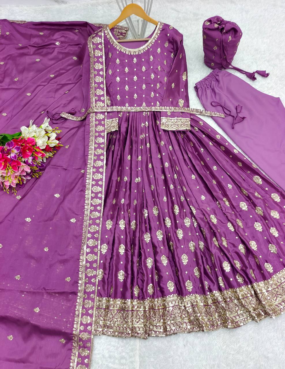"Elegant Chinnon Silk Gwon Set with Heavy Embroidery & Sequence Work"
