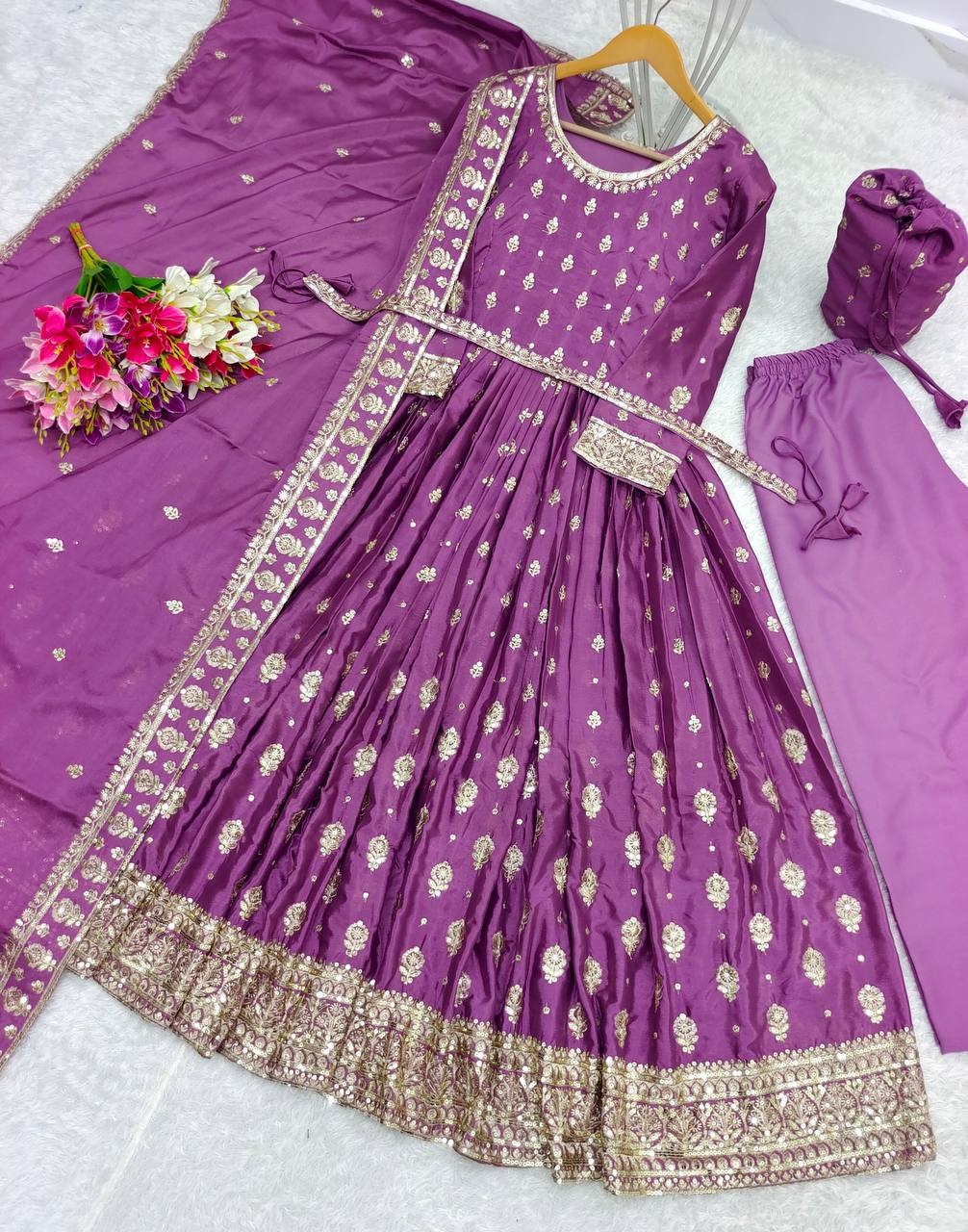 "Elegant Chinnon Silk Gwon Set with Heavy Embroidery & Sequence Work"