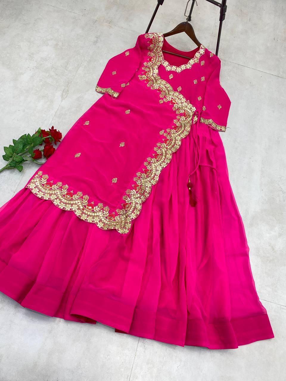 "Elegant Faux Georgette Gown with Intricate Embroidery & Silk Inner"